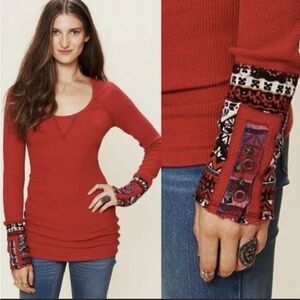 XS We the Free People Red Rare Hyperactive Cuff Thermal Long Sleeve Boho Waffle